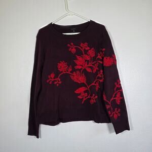 Talbots Floral Sweater Burgundy Red 100% Cotton Women's Large Knit
